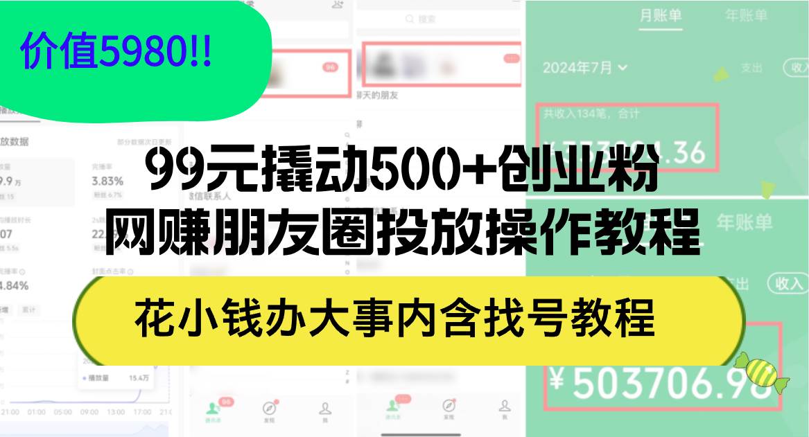 99元撬动500+创业粉，网赚朋友圈投放操作教程价值5980！花小钱办大事内…-牵机网