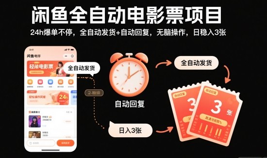 闲鱼全自动电影票项目，24h爆单不停，全自动发货+自动回复，无脑操作，日稳入3张【揭秘】-牵机网