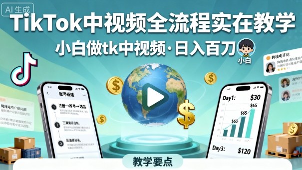 TikTok中视频全流程实操教学，小白做tk中视频，日入百刀-牵机网