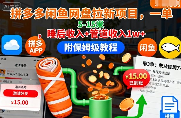 拼多多闲鱼网盘拉新项目，一单5-15米，睡后收入+管道收入1w+(附保姆级教程)-牵机网