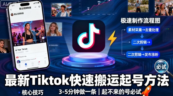 最新Tiktok快速搬运快速起号方法，3-5分钟做一条，起不来的号可以试试-牵机网