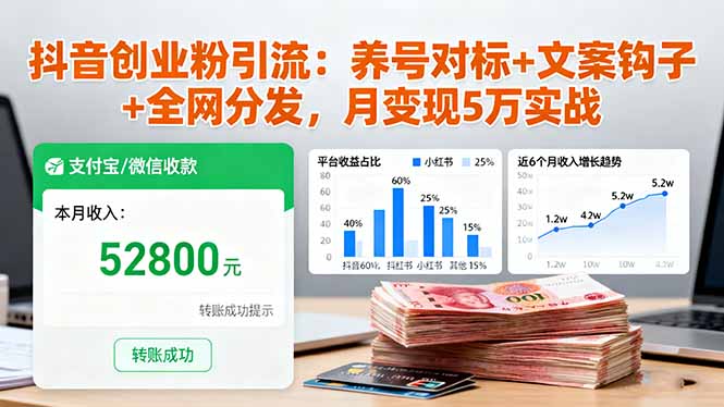 抖音创业粉引流：养号对标+文案钩子+全网分发，月变现5万实战-牵机网