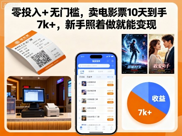 零投入+无门槛，卖电影票10天到手7k+，新手照着做就能变现【揭秘】-牵机网