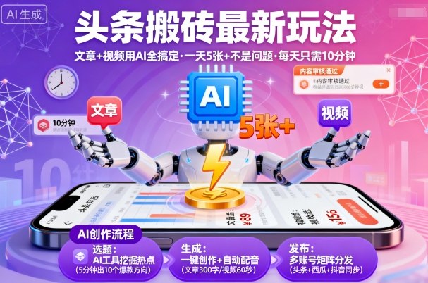 头条搬砖最新玩法，文章+视频用AI全搞定，一天5张+不是问题，每天只需10分钟-牵机网
