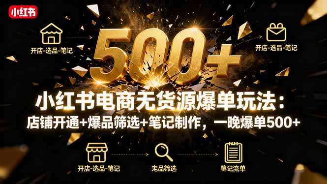 小红书电商无货源爆单玩法：店铺开通+爆品筛选+笔记制作，一晚爆单500+-牵机网