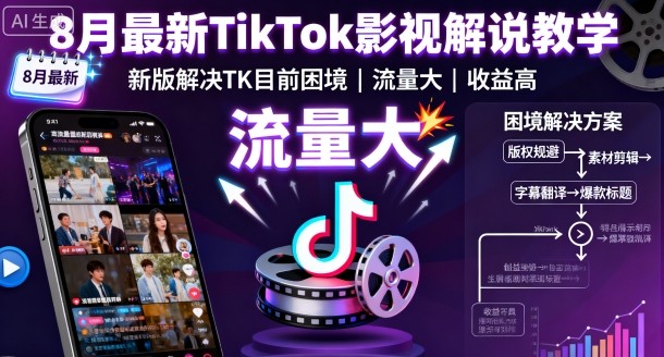8月最新TikTok影视解说教学，新版解决TK目前困境，流量大，收益高-牵机网