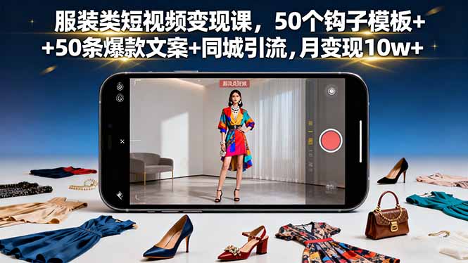 服装类短视频变现课，50个钩子模板+50条爆款文案+同城引流，月变现10w+-牵机网