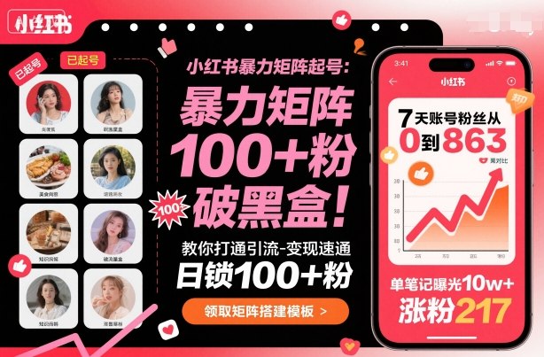 小红书暴力矩阵起号，教你打通引流-变现速通，日锁100+粉，破流量黑盒-牵机网