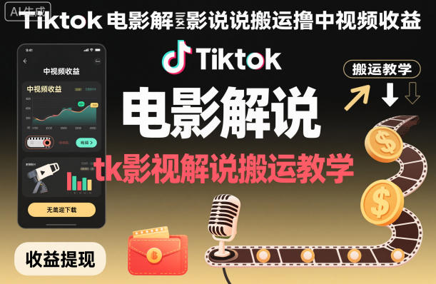 Tiktok电影解说搬运撸中视频收益，tk影视解说搬运教学-牵机网