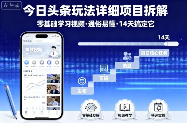 今日头条玩法详细项目拆解，零基础学习视频 通俗易懂 14天搞定它-牵机网