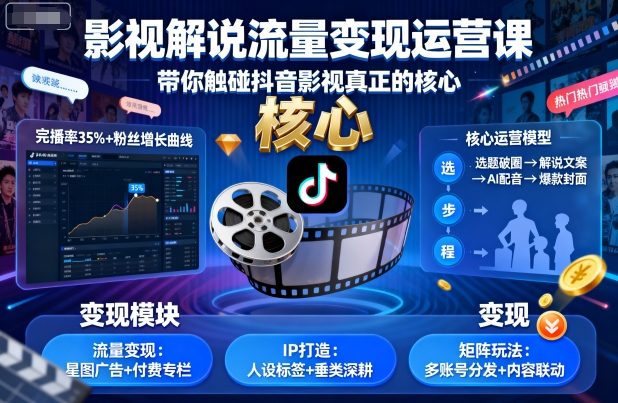 影视解说流量变现运营课，带你触碰抖音影视真正的核心-牵机网