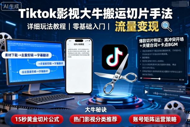 Tiktok影视大牛搬运切片手法，详细玩法教程-牵机网