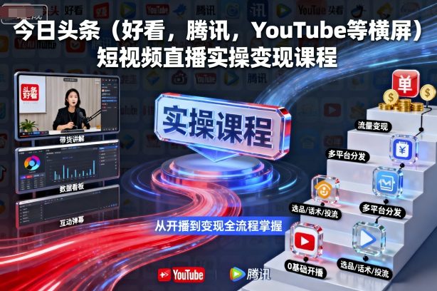 今日头条(好看，腾讯，YouTube等横屏)短视频直播实操变现课程-牵机网