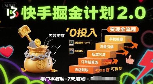 快手掘金计划2.0，快手电商变现全流程，简单可复制，0投入-牵机网