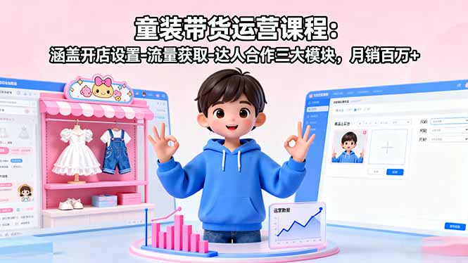 童装带货运营课程：涵盖开店设置-流量获取-达人合作三大模块，月销百万+-牵机网