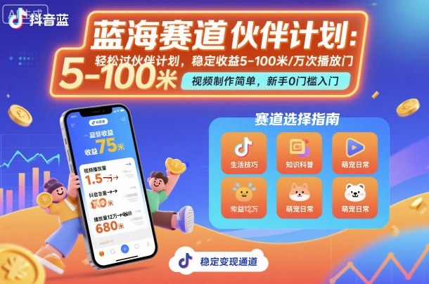 抖音蓝海赛道，轻松过伙伴计划，视频制作简单，万次播放收益在5-100米，稳定收益-牵机网