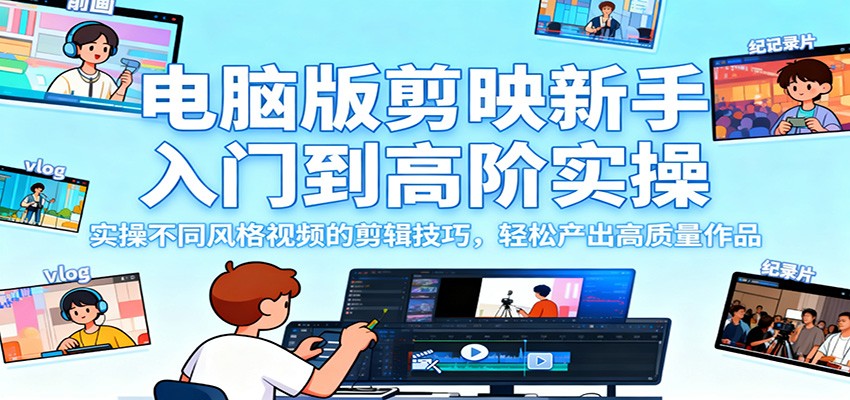 电脑版剪映新手入门到高阶实操，实操不同风格视频的剪辑技巧，轻松产出高质量作品-牵机网