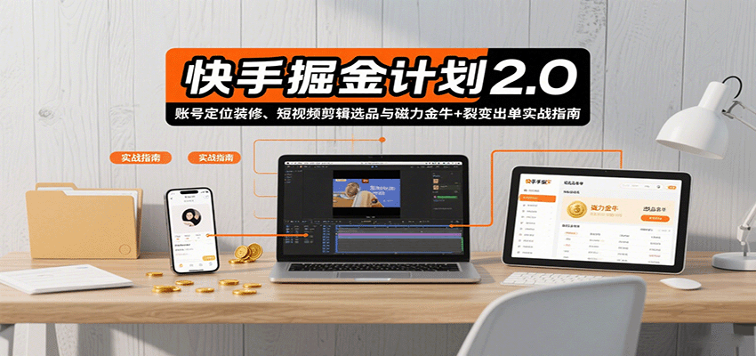 快手掘金计划2.0，账号定位装修、短视频剪辑选品与磁力金牛+裂变出单实战指南-牵机网