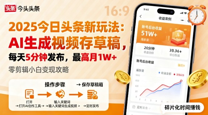 2025年今日头条躺賺新玩法，AI生成视频存草稿，每天5分钟发布，最高月1W+【揭秘】-牵机网