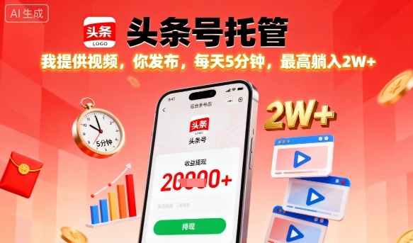 【头条号托管】我提供视频，你发布，每天5分钟，最高躺入2W+【揭秘】-牵机网