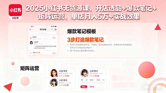 2025小红书无货源课，开店选品+爆款笔记+矩阵运营，单店月入5万+实战效果-牵机网
