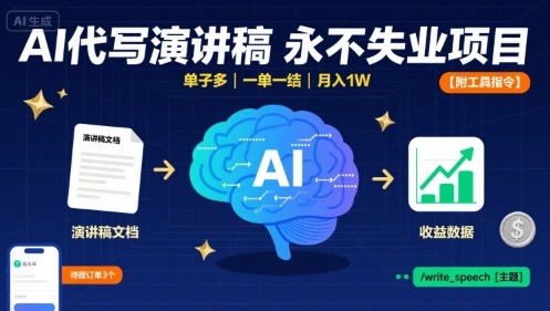 AI代写演讲稿，永不失业项目，单子多，一单一结，月入1W【附工具指令】-牵机网