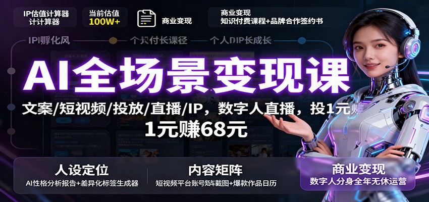 AI全场景变现课：文案/短视频/投放/直播/IP，数字人直播，投1元赚68元-牵机网