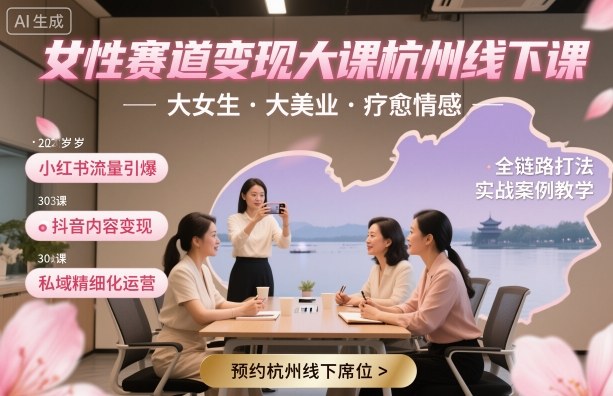 女性赛道变现大课杭州线下，大女生，大美业，疗愈情感，一套小红书、抖音、私域全链路打法-牵机网