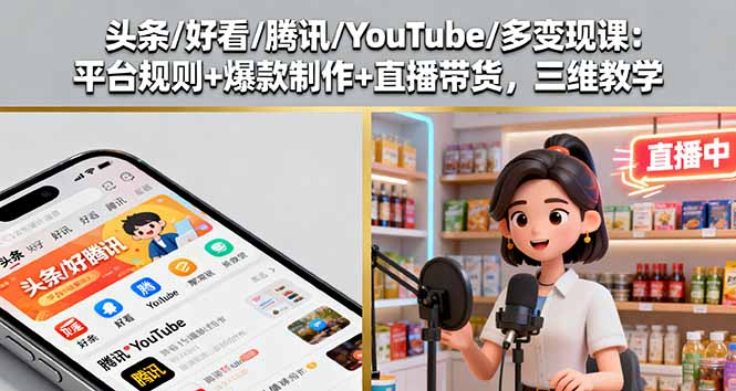 头条/好看/腾讯/YouTube/多变现课：平台规则+爆款制作+直播带货，三维教学-牵机网
