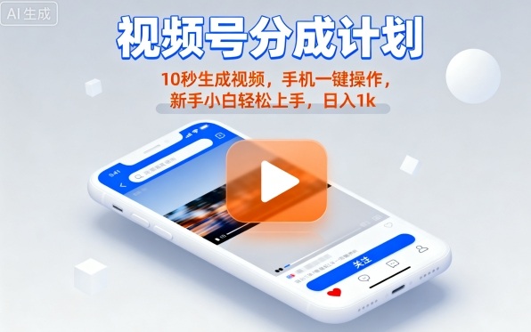 视频号分成计划懒人玩法，10秒生成视频，手机一键操作，新手小白轻松上手，日入1K【揭秘】-牵机网