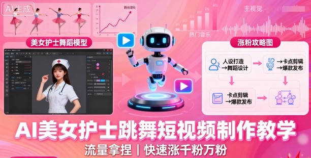 AI美女护士跳舞短视频制作教学，流量拿捏，快速涨千粉万粉【提示词+视频教程】-牵机网