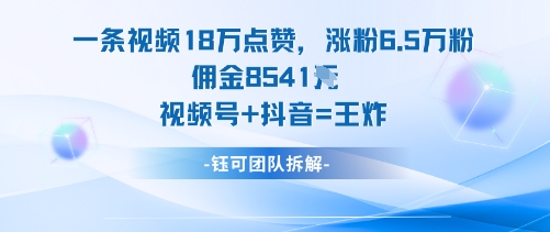 一条视频18W点赞，涨粉6.5W粉佣金8541米，视频号+抖音=王炸-牵机网