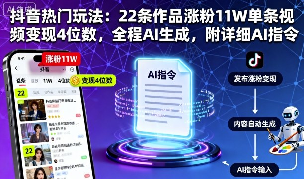 抖音热门玩法：22条作品涨粉11W单条视频变现4位数，全程AI生成，附详细AI指令-牵机网