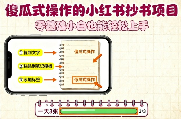 傻瓜式操作的小红书抄书项目，会复制粘贴就行，零基础小白也能一天3张-牵机网