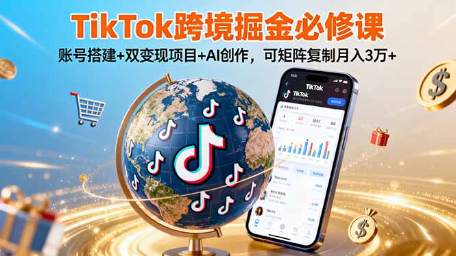 TikTo跨境掘金必修课，账号搭建+双变现项目+AI创作，可矩阵复制月入3万+-牵机网