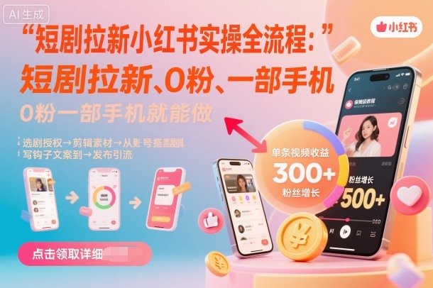 短剧拉新小红书实操全流程，0粉一部手机就可以做，详细教程-牵机网