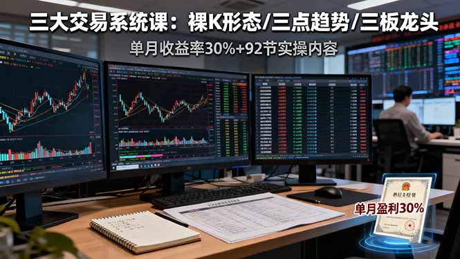 三大交易系统课：裸K形态/三点趋势/三板体系，单月收益率30%+92节实操内容-牵机网
