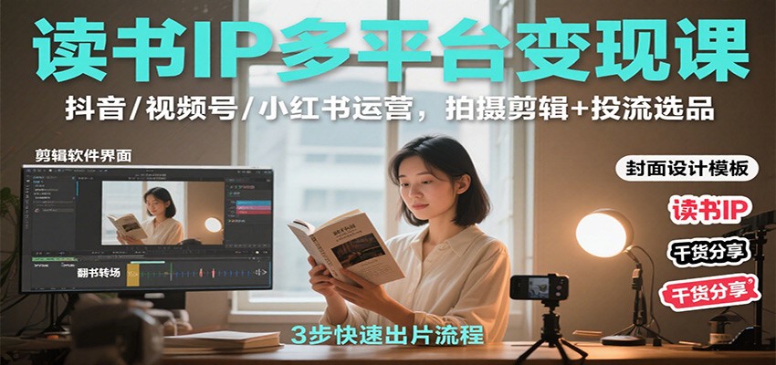 读书IP多平台变现课：抖音/视频号/小红书运营，拍摄剪辑+投流选品-牵机网