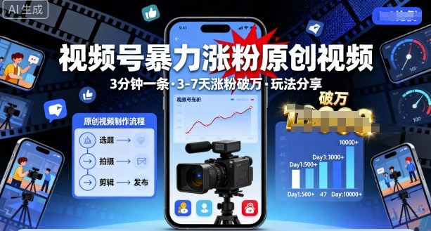 视频号暴力涨粉原创视频，3分钟一条原创视频，3-7天涨粉破万，玩法分享给你-牵机网