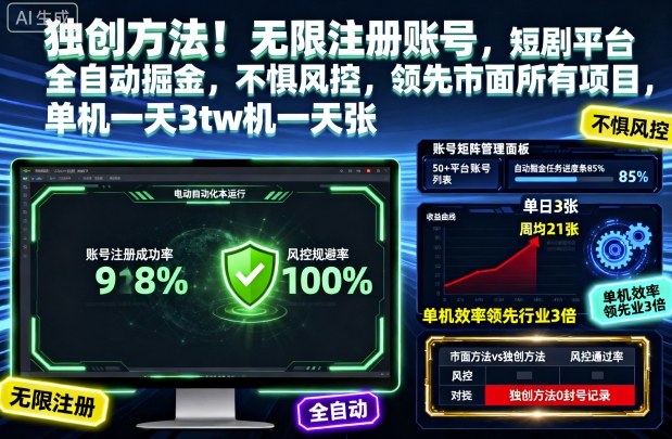 独创方法!无限注册账号,短剧平台全自动掘金,不惧风控,领先市面所有项目,单机一天3张【揭秘】-牵机网