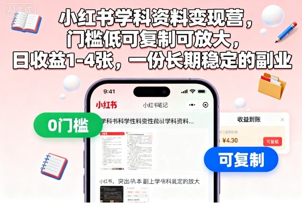 小红书学科资料变现营,门槛低可复制可放大,日收益1-4张,一份长期稳定的副业-牵机网