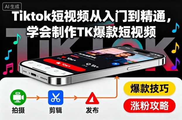 Tiktok短视频从入门到精通,学会制作TK爆款短视频-牵机网