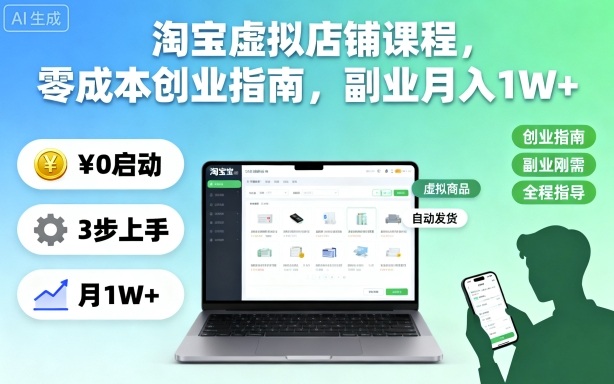 淘宝虚拟店铺课程,零成本创业指南,副业月入1W+-牵机网