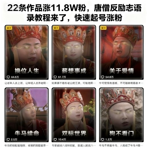 22条作品涨11.8W粉,唐僧反励志语录教程来了,快速起号涨粉-牵机网