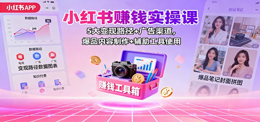 小红书赚钱实操课：5大变现路径+广告渠道，爆品内容制作+辅助工具使用-牵机网